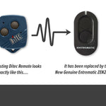 Ditec branded teal rounded square with 2 grey button gate remote is replaced with Entrematic long black oval circle button gate remote