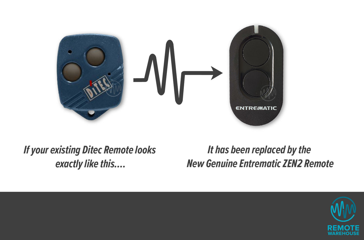 Ditec branded teal rounded square with 2 grey button gate remote is replaced with Entrematic long black oval circle button gate remote