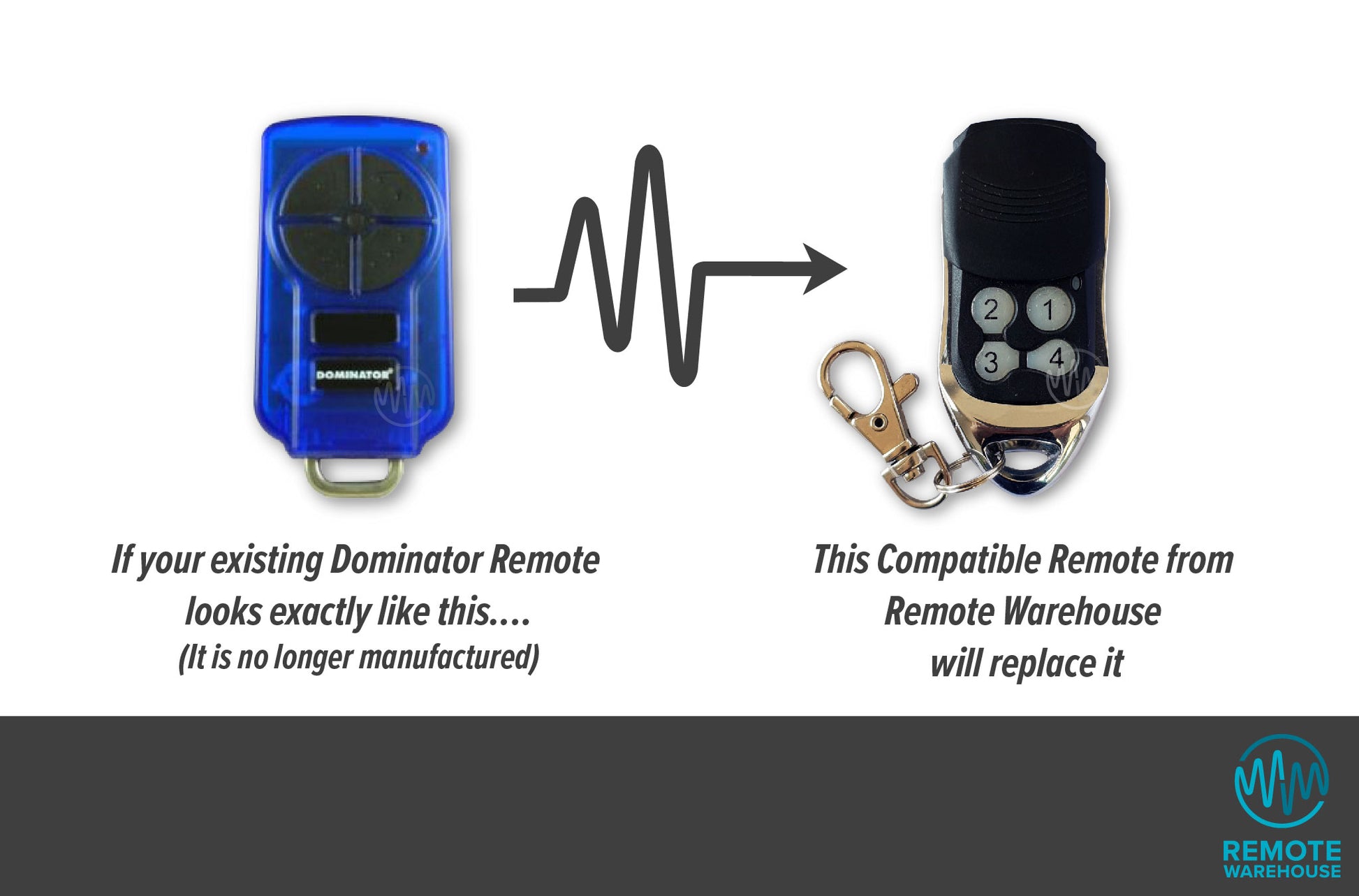 Blue Dominator black button remote is replaced with compatible black & chrome 4 button garage remote