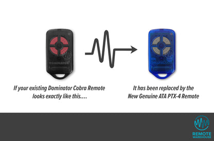Black & red Dominator branded remote is replaced with ATA Securacode Blue & grey garage door remote