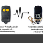 Dominator branded black remote with 2 yellow square buttons is replaced with black & chrome 4 button compatible garage door remote