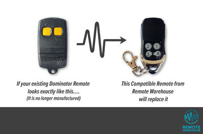 Dominator branded black remote with 2 yellow square buttons is replaced with black & chrome 4 button compatible garage door remote