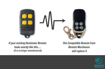 Dominator yellow button YBS4 remote is replaced with black & chrome 4 button compatible garage remote