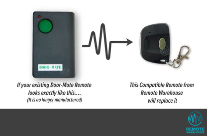 Grey Door Mate branded remote with round green button is replaced with small grey single button garage remote