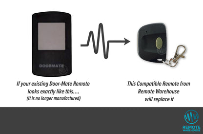 Door-Mate black with square white button remote is replaced with small key ring style single button garage remote
