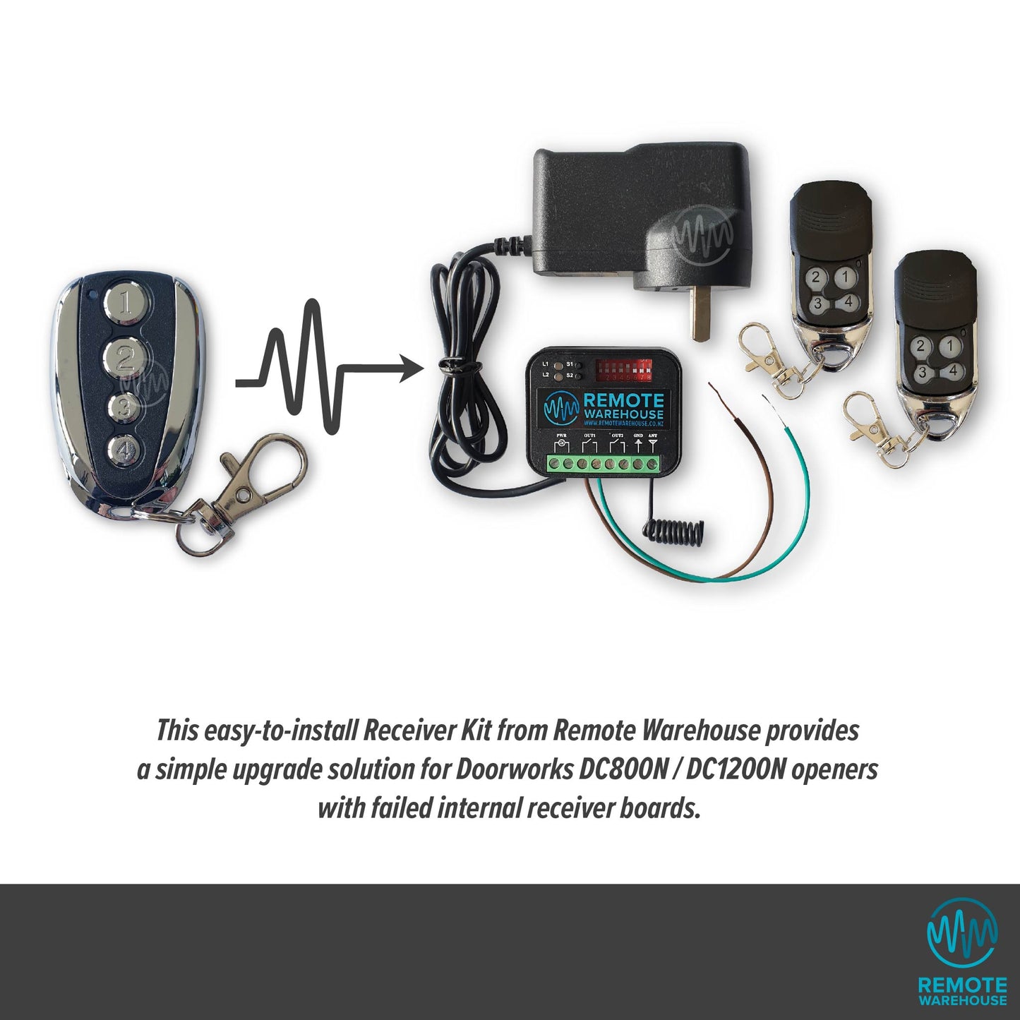 Selection of Doorworks branded  garage door remotes showing with an arrow pointing to the replacement Remote Warehouse branded add on receiver kit.