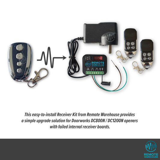 Selection of Doorworks branded  garage door remotes showing with an arrow pointing to the replacement Remote Warehouse branded add on receiver kit.