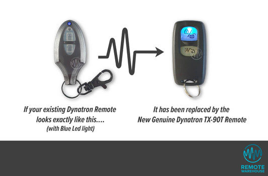 Dynatron TX-11 teardrop shape car remote replaced with TX-90T blue led oblong car remote