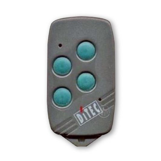 Ditec branded long oblong grey gate remote with 4 green circle buttons