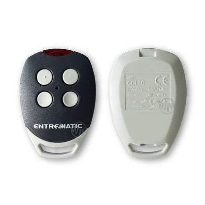 Entrematic GOL4C grey & white remote with red LED light at top & 4 white circle buttons front & back view