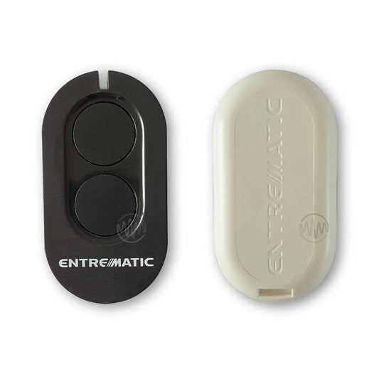 Front & back of Entrematic branded long oval black front remote with 2 circle buttons