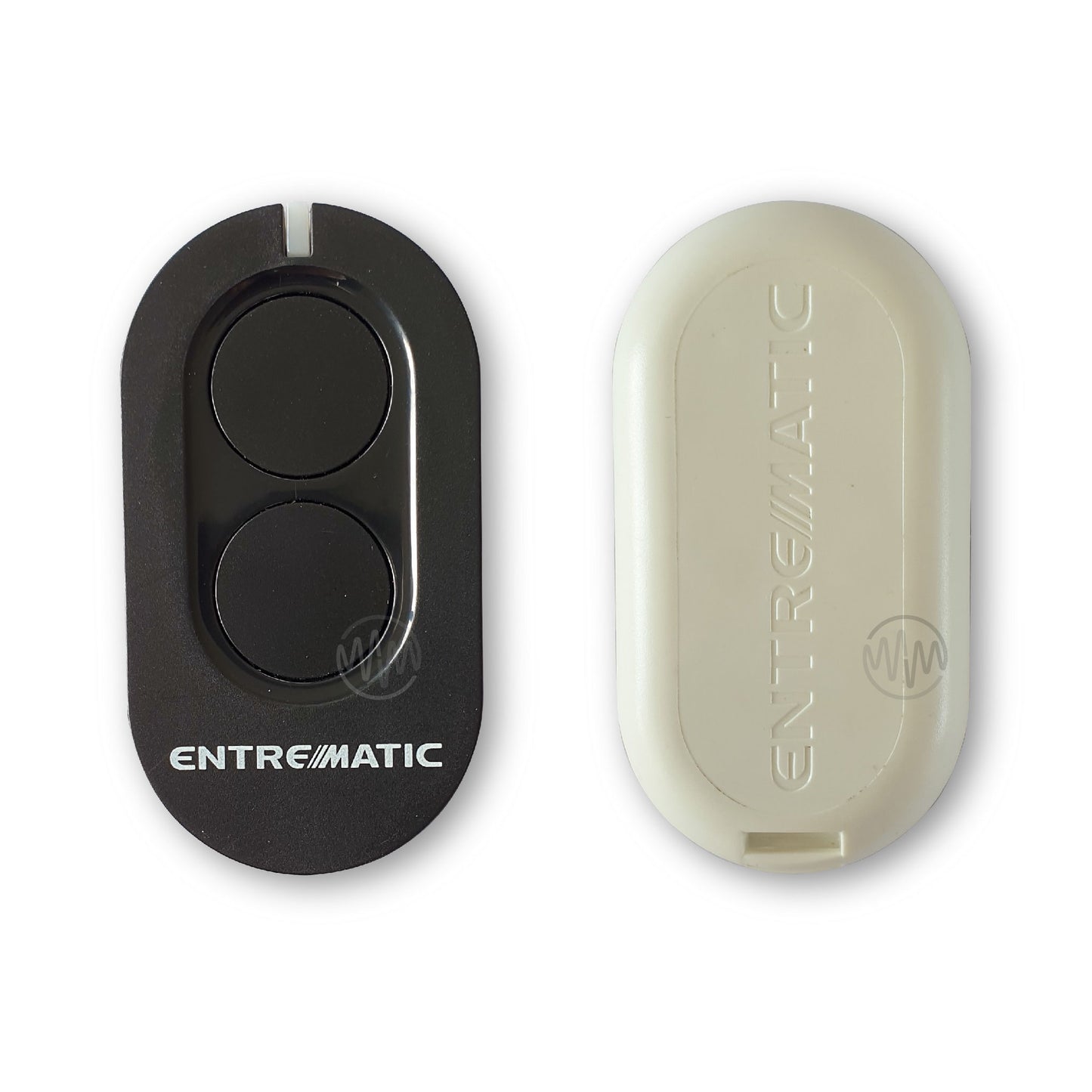 Front & back of Entrematic branded long oval black front remote with 2 circle buttons
