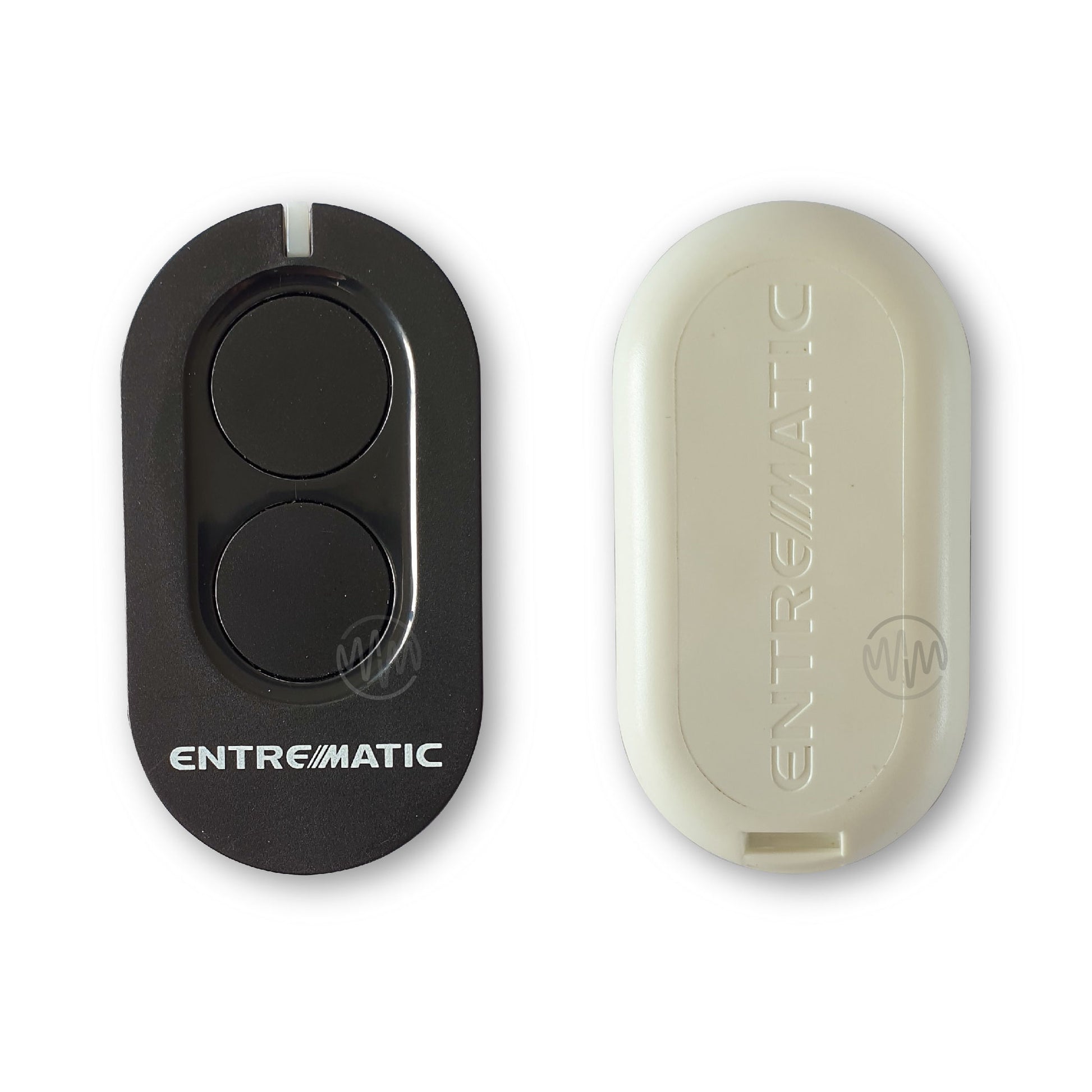 Front & back of Entrematic branded long oval black front remote with 2 circle buttons