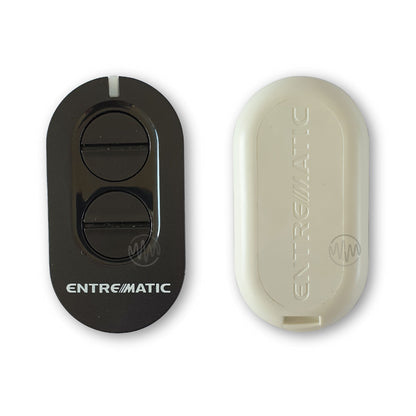 Front & back of Entrematic branded long oval black front remote with 2 circle buttons divided in half 