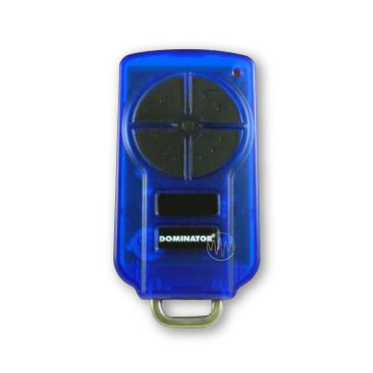 Blue Dominator branded garage remote with black segmented buttons