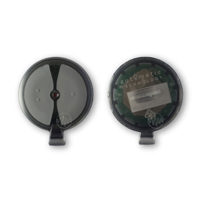Front & back of PTX-2V2 Automatic Technology round garage & gate remote with 2 grey split buttons