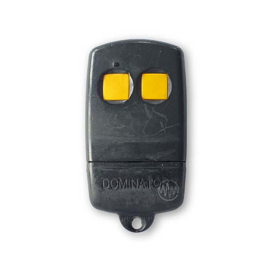 Dominator branded black garage door remote with 2 square yellow buttons