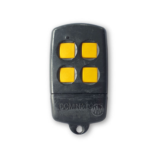 Dominator branded black garage door remote with 4 square yellow buttons