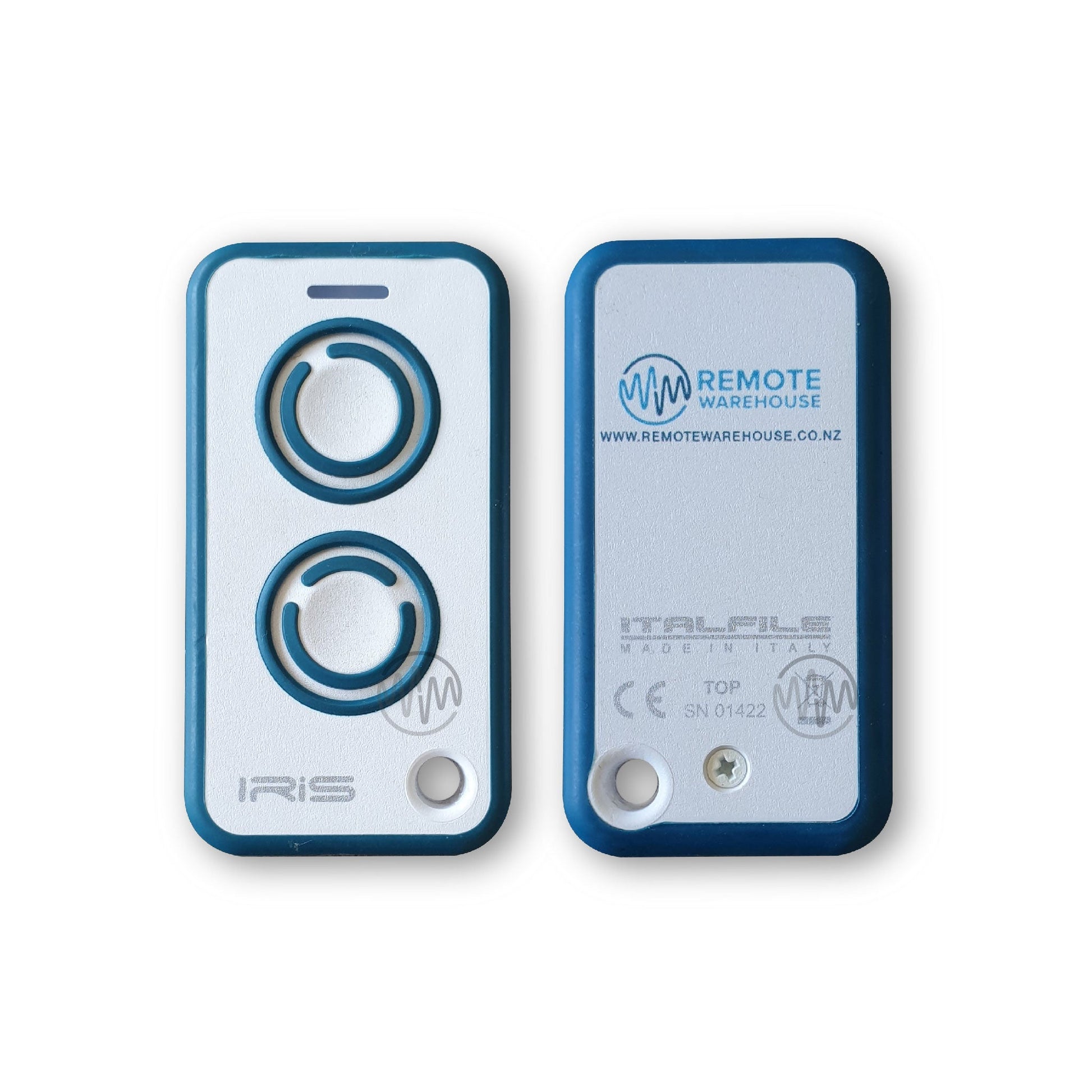 Front & back view of White & Teal IRIS remote for Doorhan garages 