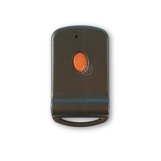 Black Aftermarket compatible garage door remote with single oval red button in centre