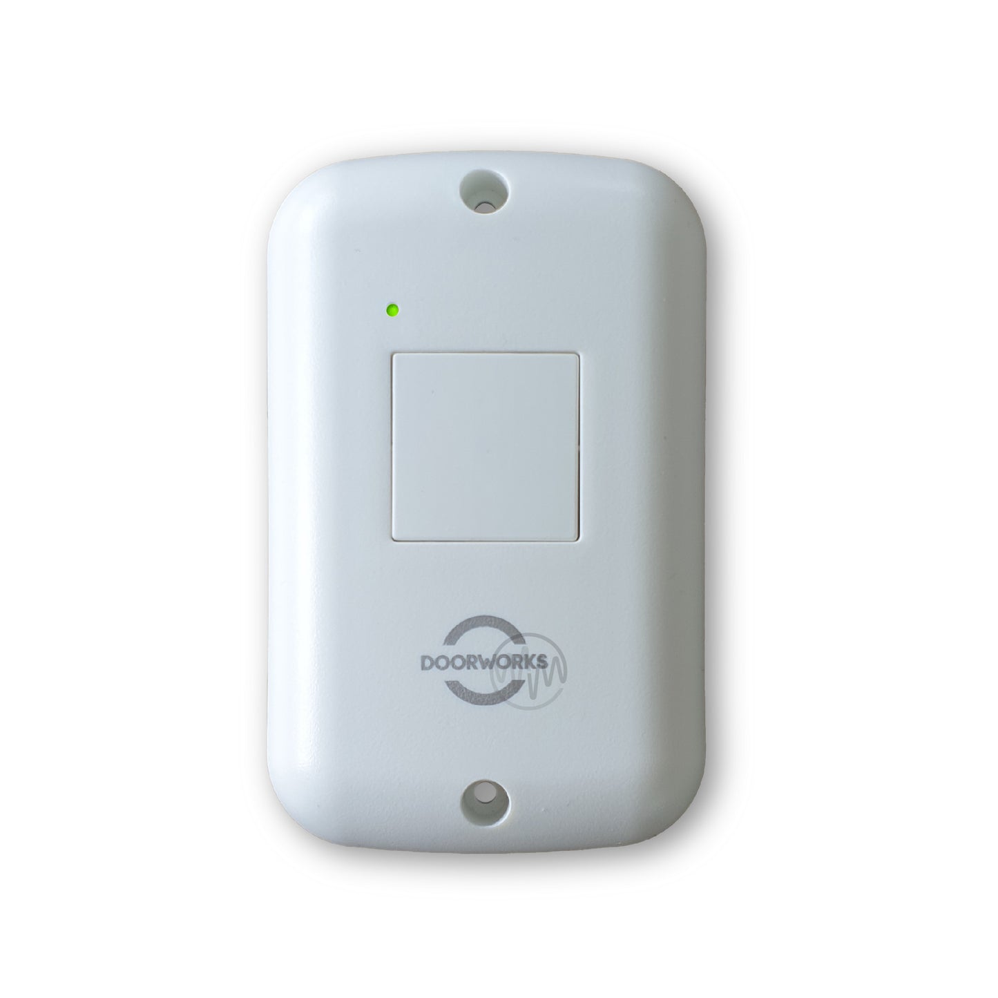Doorworks branded white rounded oblong wall mount garage remote with 1 square white button 