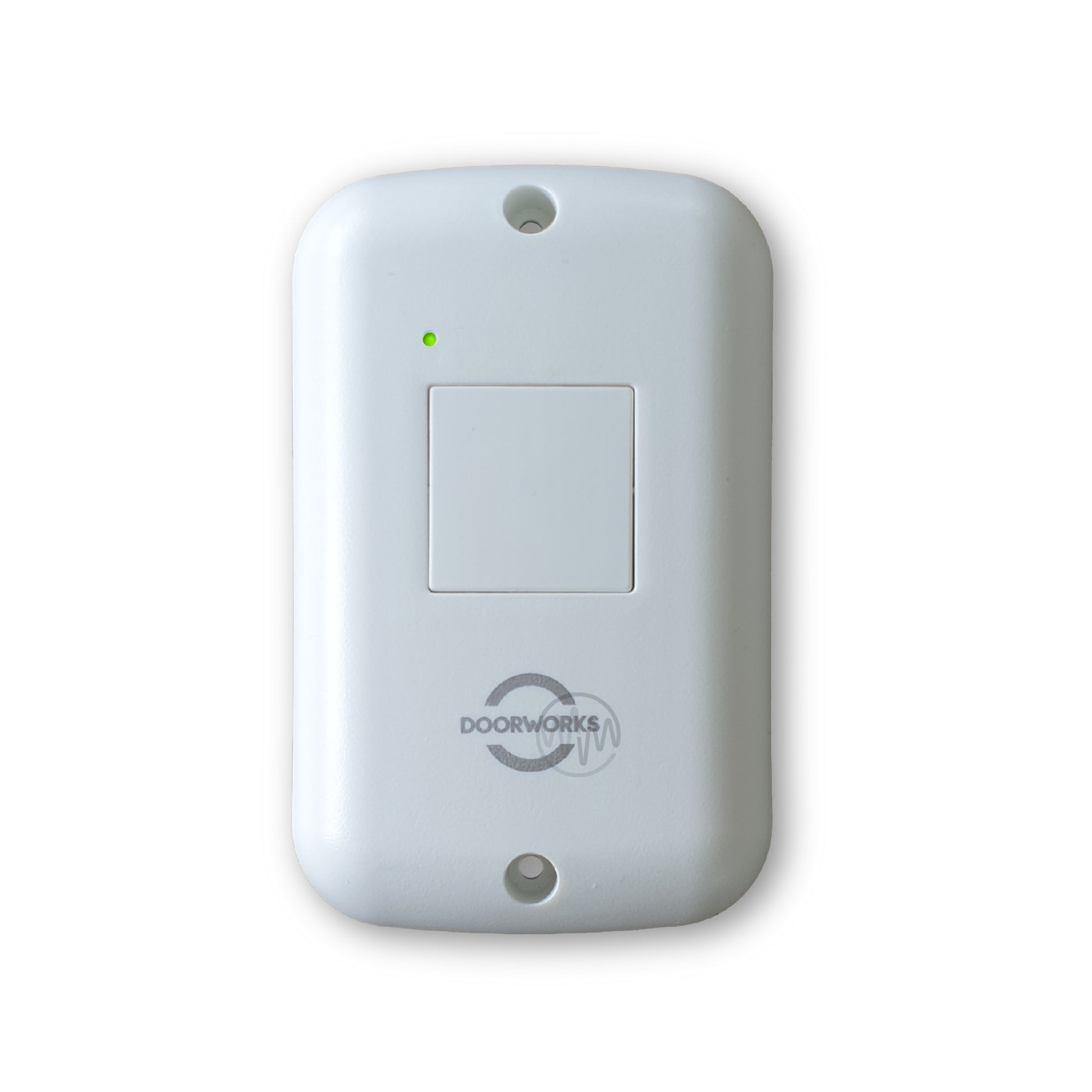 Doorworks branded white rounded oblong wall mount garage remote with 1 square white button 