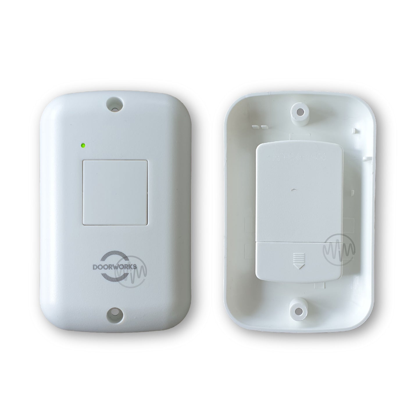 Doorworks branded white rounded oblong wall mount garage remote with 1 square white button front & back view