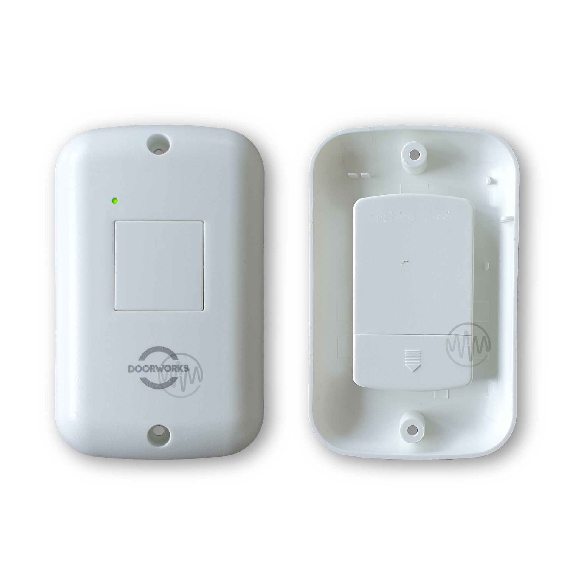 Doorworks branded white rounded oblong wall mount garage remote with 1 square white button front & back view