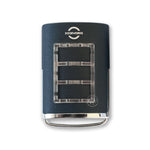 Doorworks branded navy blue rectangle garage door remote with 3 rectangle buttons in a row outlined with clear led light border
