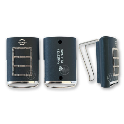 Doorworks branded navy 3 button sun visor style garage door remote front, back & side view 