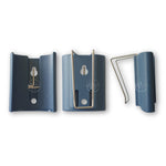Front, back & side view of sun visor clip accessory for Doorworks branded HT3 garage door remotes