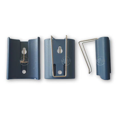 Front, back & side view of sun visor clip accessory for Doorworks branded HT3 garage door remotes