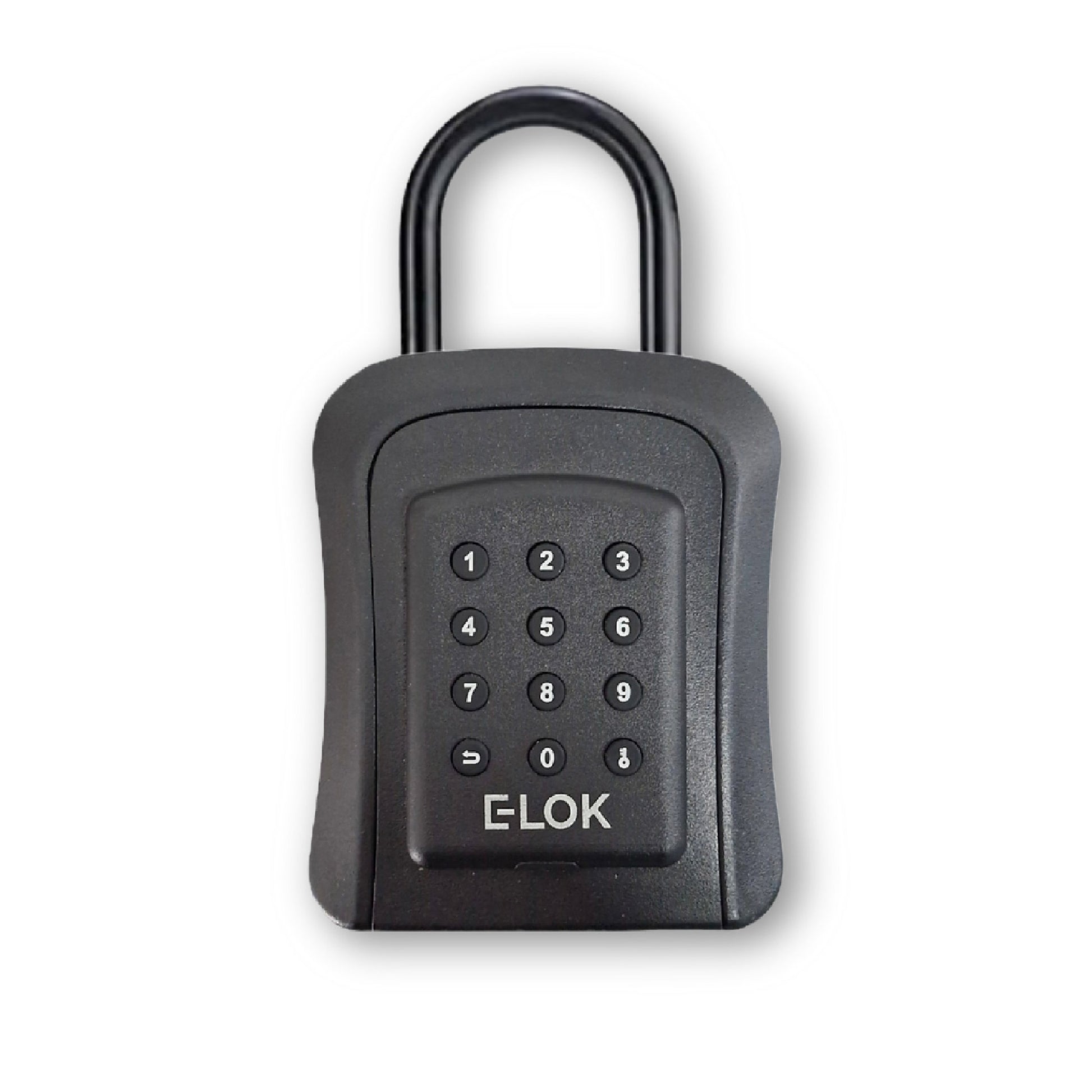 Front of E-Lok brand black metal Shackle type lock box with numbered round push buttons