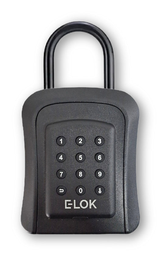 Front of E-Lok brand black metal Shackle type lock box with numbered round push buttons