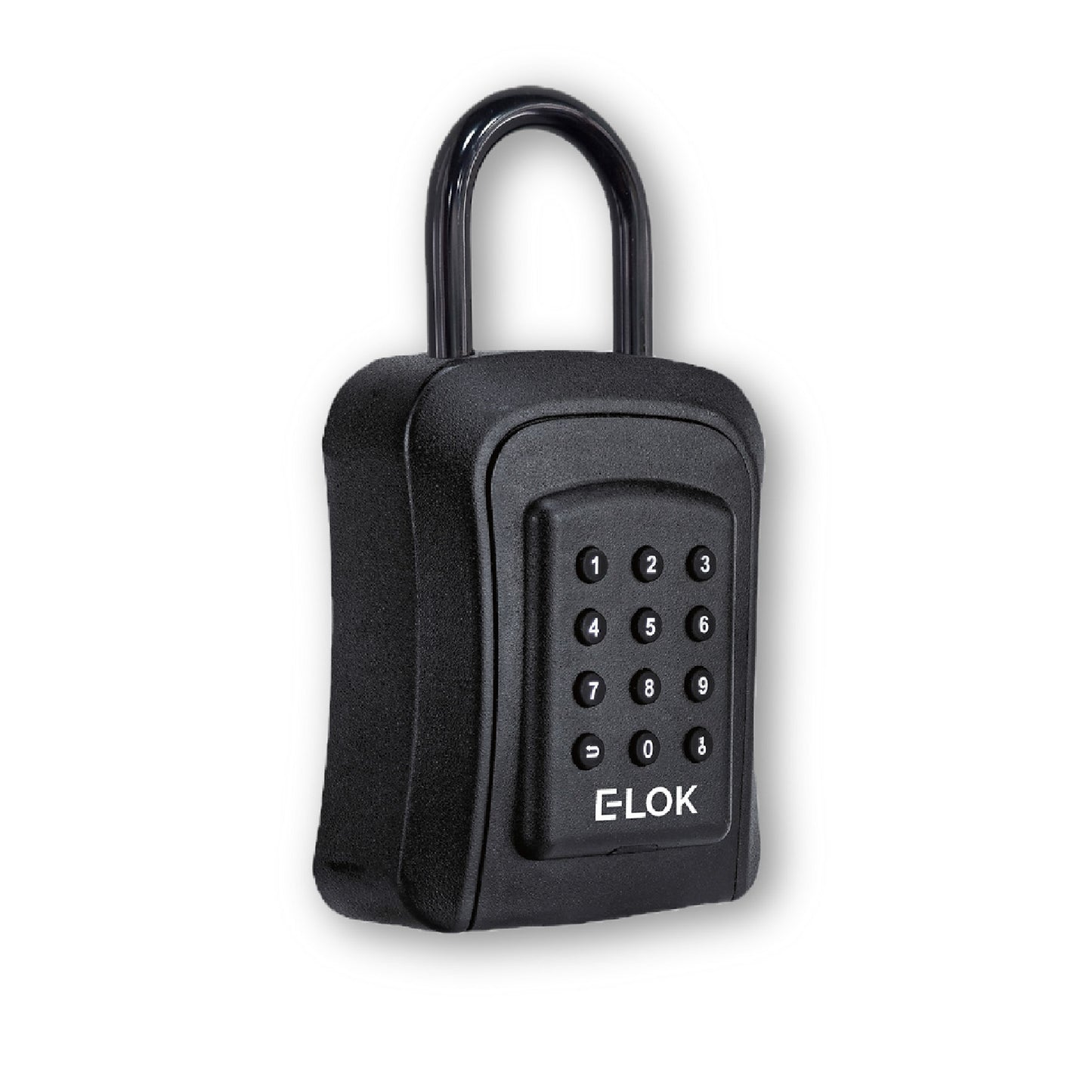 Side of E-Lok brand black metal Shackle type lock box with numbered round push buttons