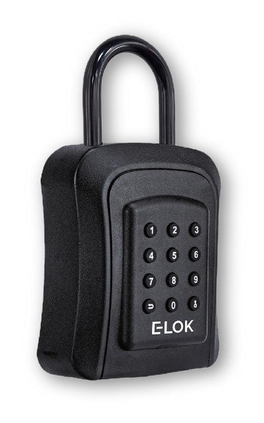 Front of E-Lok brand black metal Shackle type lock box with numbered round push buttons