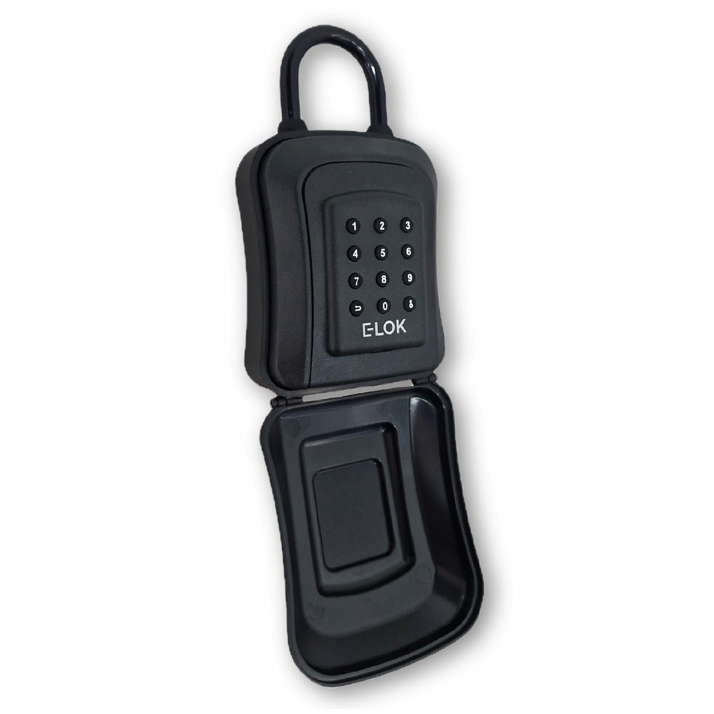 Weather cover open on front of E-Lok brand black metal Shackle type lock box with numbered round push buttons