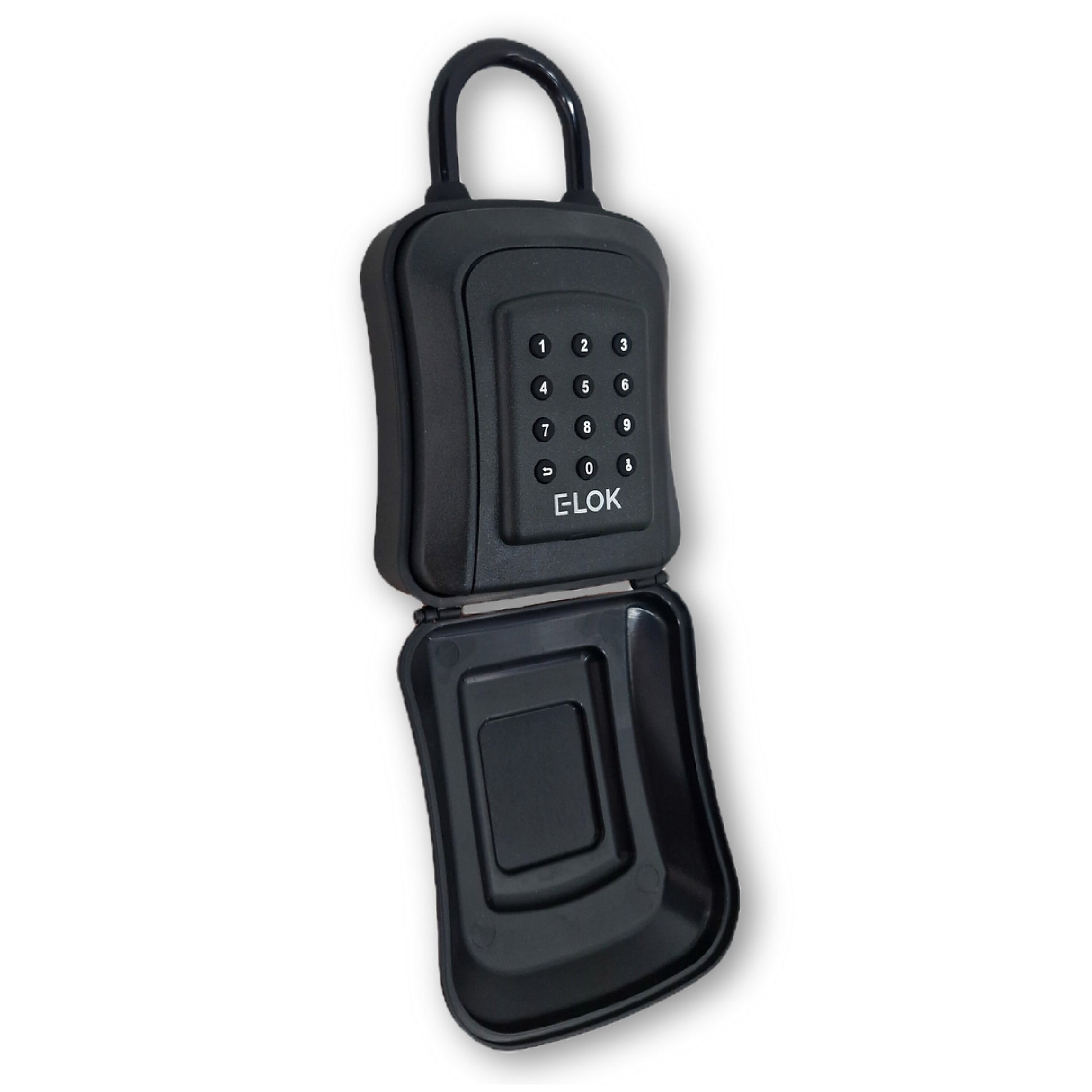 Weather cover open on front of E-Lok brand black metal Shackle type lock box with numbered round push buttons