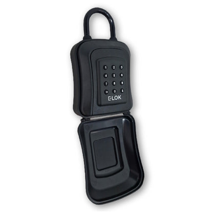 Weather cover open on front of E-Lok brand black metal Shackle type lock box with numbered round push buttons