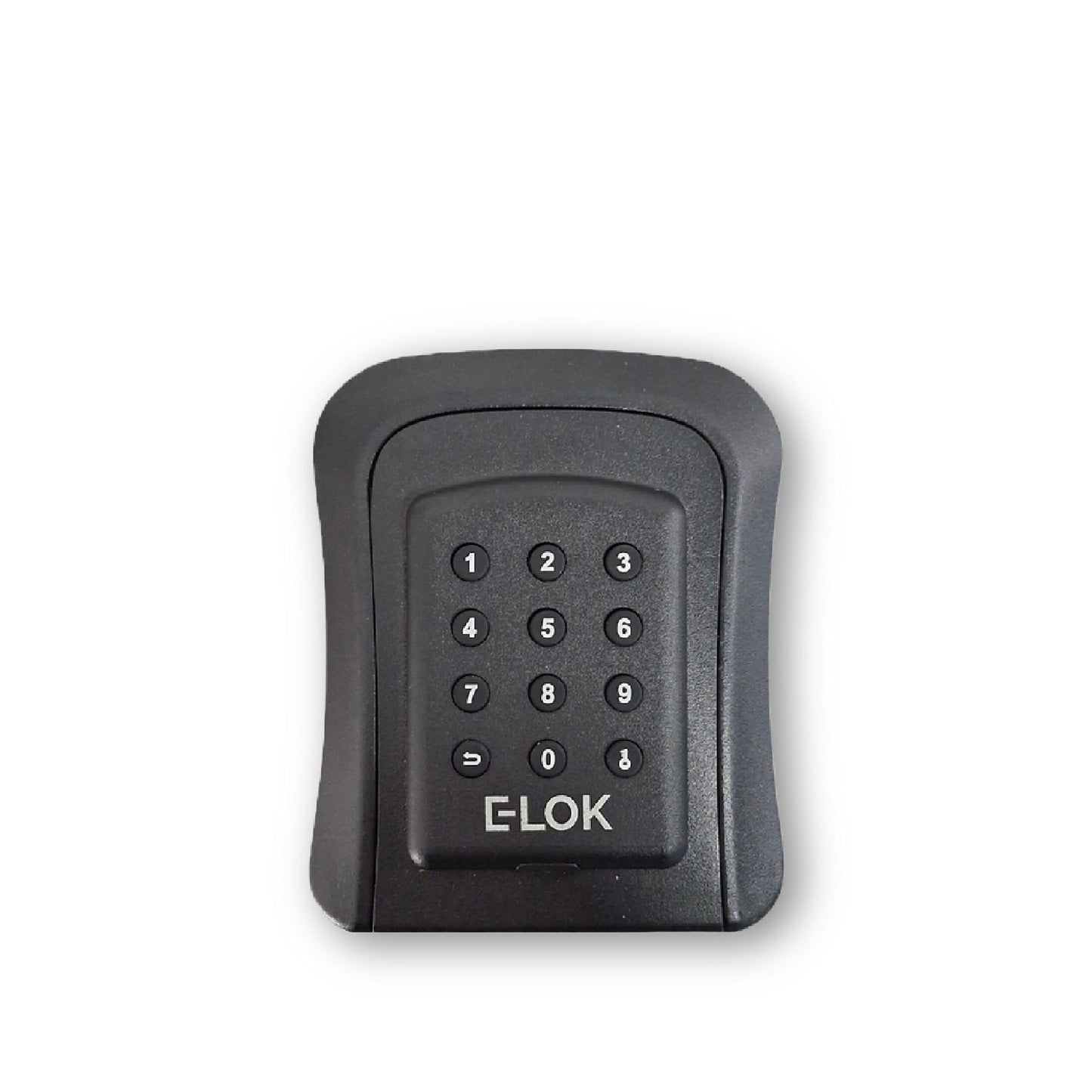 Front of E-Lok brand black metal lock box with numbered round push buttons