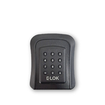 Front of E-Lok brand black metal lock box with numbered round push buttons