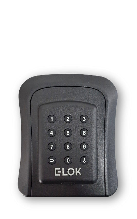 Front of E-Lok brand black metal lock box with numbered round push buttons