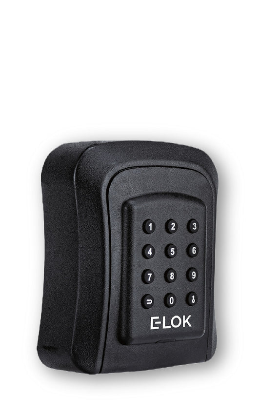 Front of E-Lok brand black metal lock box with numbered round push buttons