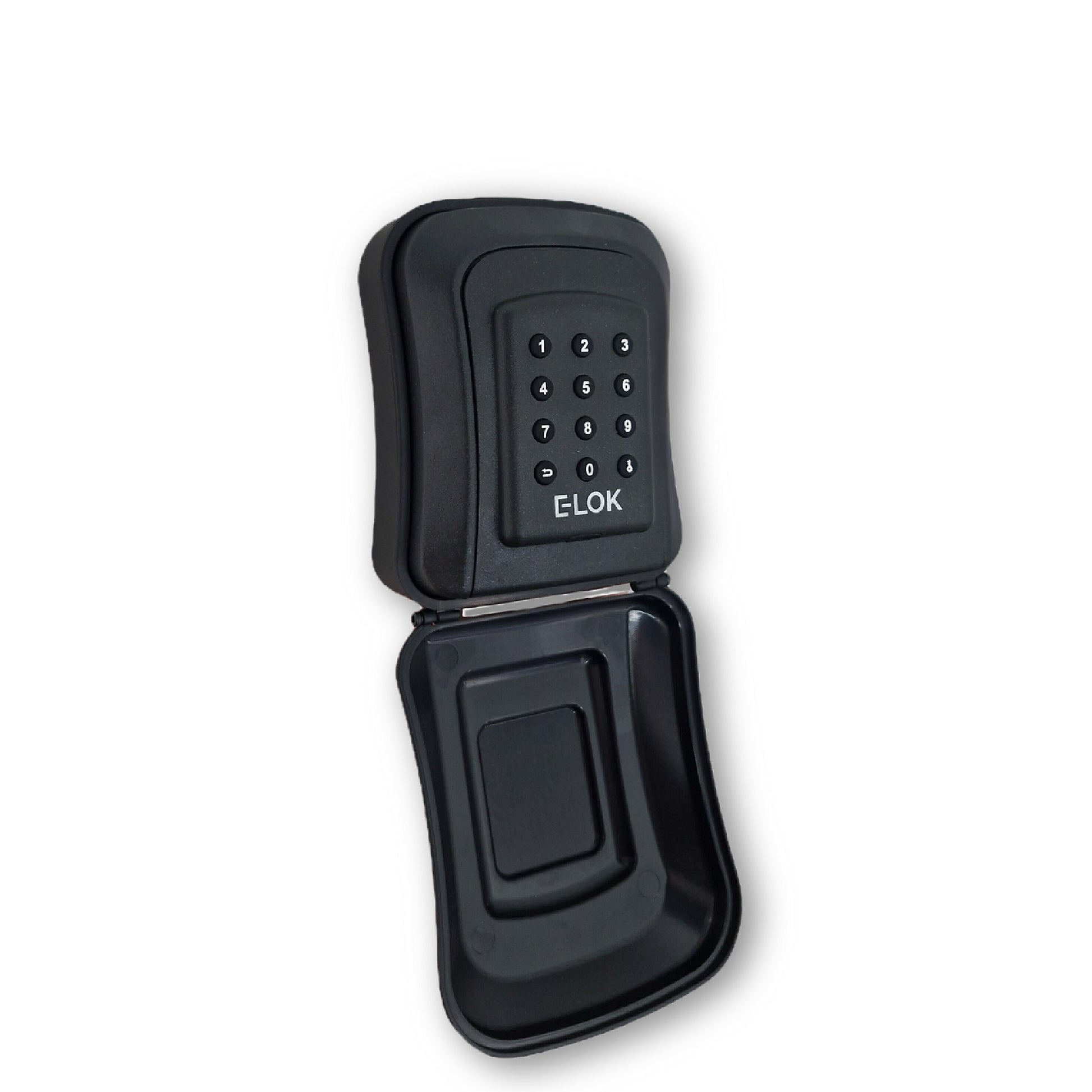 Weather cover open on Front of E-Lok brand black metal lock box with numbered round push buttons
