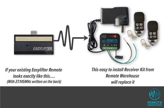 Old black Easylifter sunvisor garage remote shown with its replacement Remote Warehouse branded receiver kit  upgrade & 2 remotes