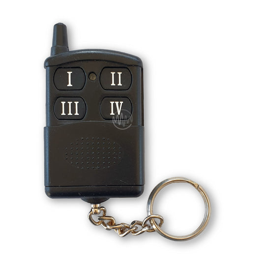 A black 4-button garage and gate remote with white Roman numerals on the buttons, a antenna on the top, and a keyring attached.