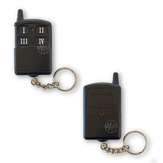 A black 4-button garage and gate remote with white Roman numerals on the buttons, a antenna on the top, and a keyring attached.