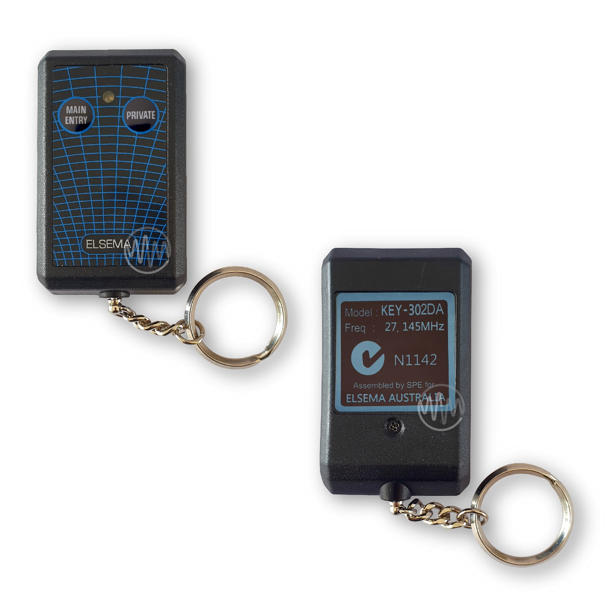 Black rectangle remote with blue spiderweb print on front & 2 round buttons with 'Main Entry' & 'Private' on them & branded with Elsema at the base  & Key-302DA on the back