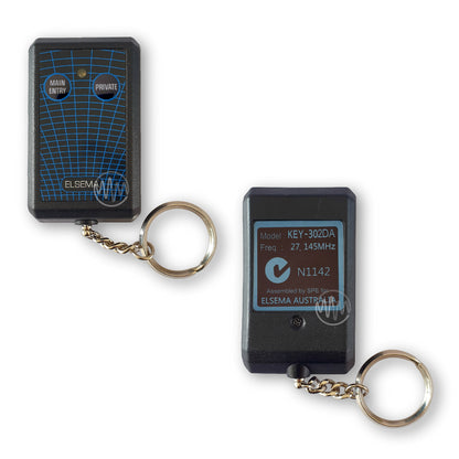 Black rectangle remote with blue spiderweb print on front & 2 round buttons with 'Main Entry' & 'Private' on them & branded with Elsema at the base  & Key-302DA on the back