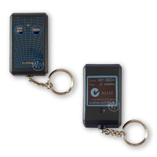 Black rectangle remote with blue spiderweb print on front & 2 round buttons with 'Main Entry' & 'Private' on them & branded with Elsema at the base  & Key-302DA on the back